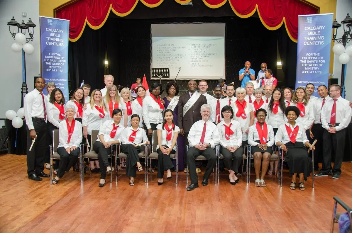 Calgary Bible training photos: graduating class on stage at a Calgary Bible school graduation